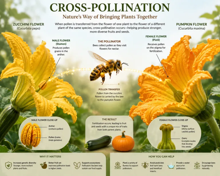 Infographic explaining vegetable cross-pollination between zucchini and pumpkin flowers with a bee transferring pollen.