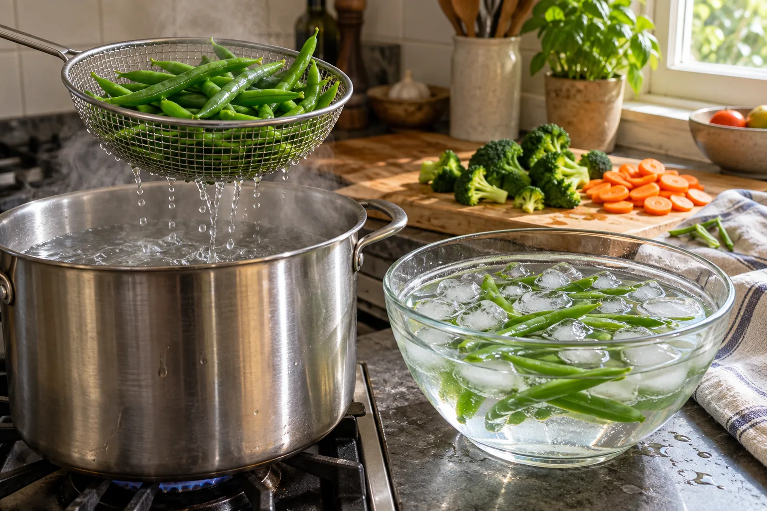 Blanching vegetables: green beans lifted from a pot of boiling water next to a bowl of ice water