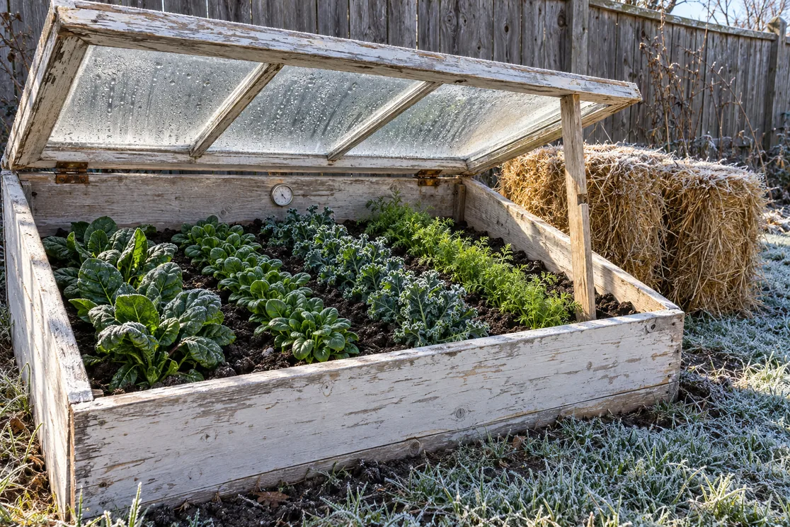 Cold frame gardening: a white wooden box with a storm-window lid propped open over rows of winter greens on a frosty morning