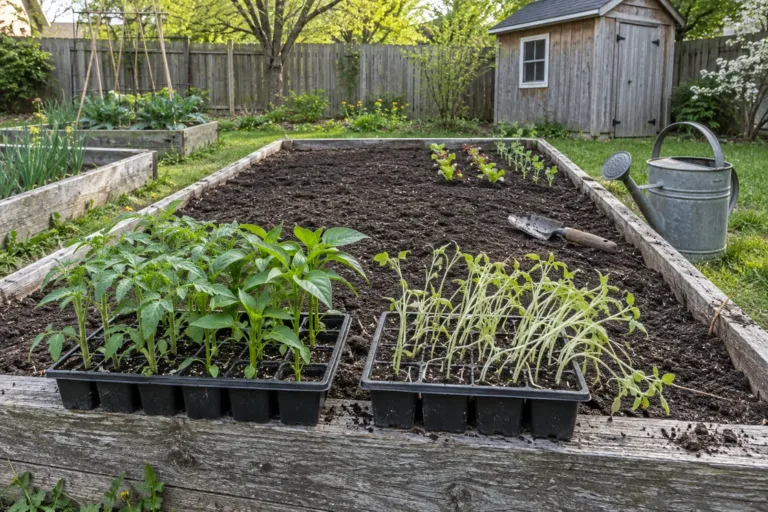 Common gardening mistakes: sturdy hardened-off seedlings beside a tray of pale, leggy ones on a spring raised bed.