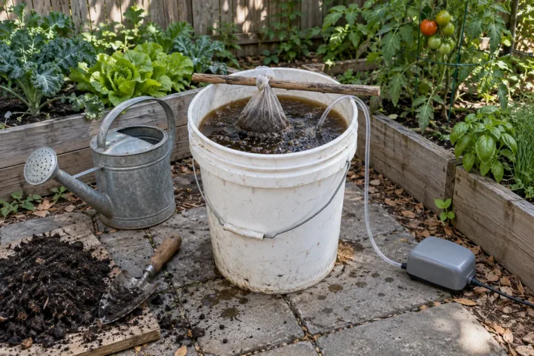 Compost tea recipe in action: a bucket of bubbling tea with an aquarium pump and a bag of compost in a garden.