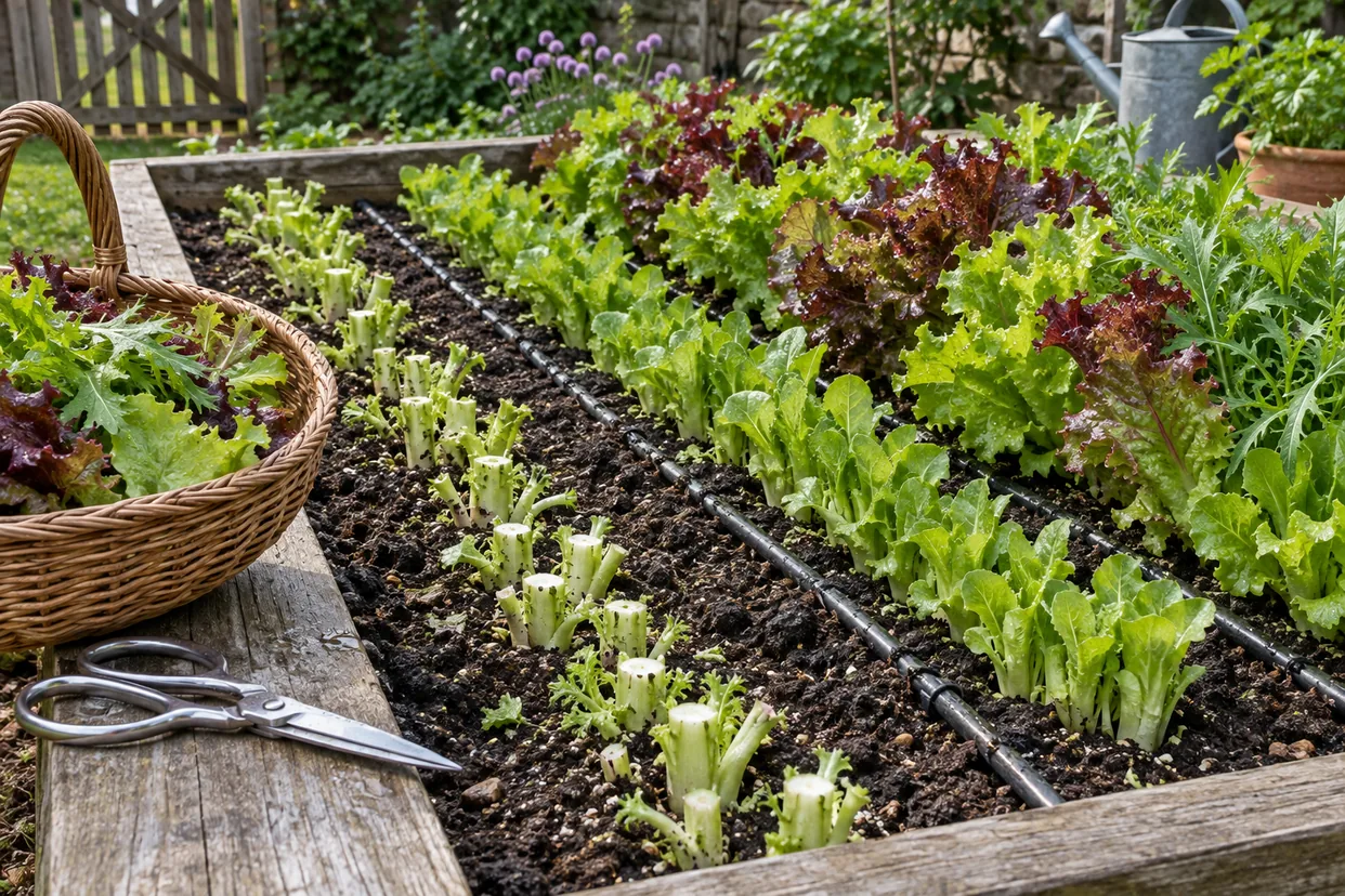 Cut and come again gardening: salad greens regrowing from cut stubs in a raised bed, with scissors and a harvest basket.