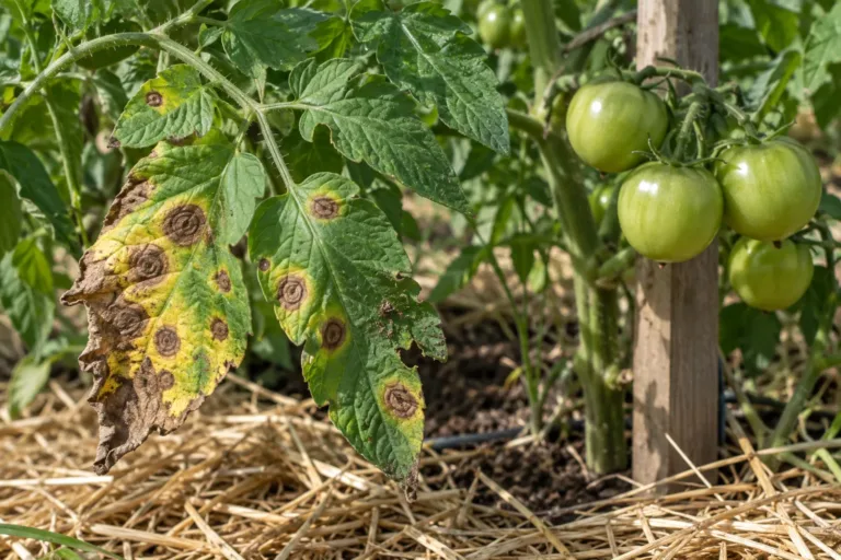Early blight on a tomato leaf: brown spots with concentric rings and yellow halos