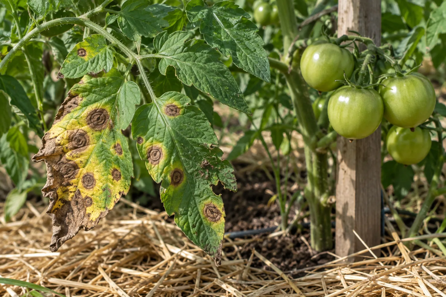 Early blight on a tomato leaf: brown spots with concentric rings and yellow halos