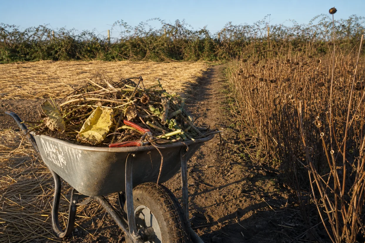 Fall garden cleanup: a wheelbarrow of cut stems on the path between a bed strawed and a bed left standing with seed heads.
