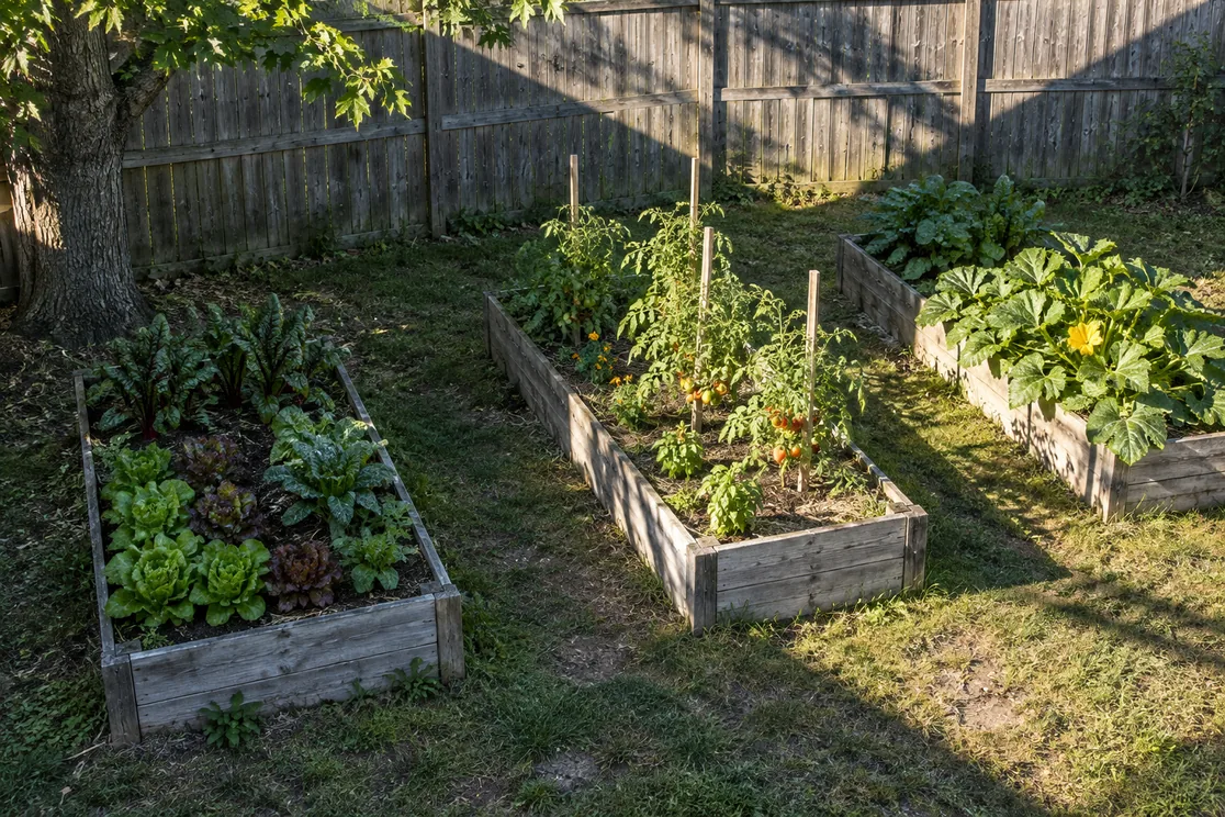 Garden sun map in real life: fence and tree shadows cross three raised beds, lettuce in shade and squash in sun.