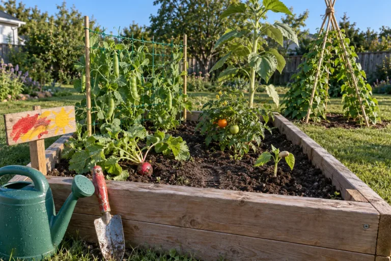 Gardening with kids: a child's raised bed with radishes, snap peas on a net, a dwarf tomato, a sunflower and a bean teepee