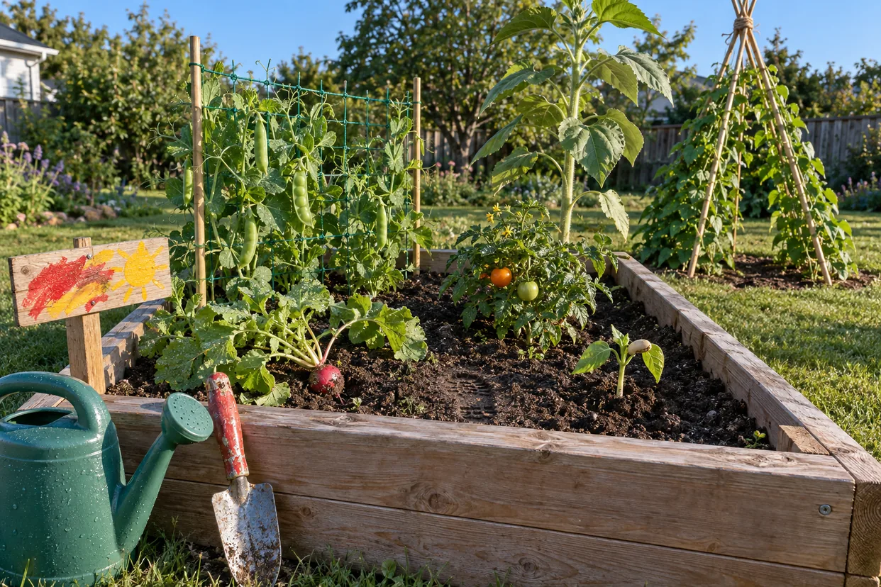Gardening with kids: a child's raised bed with radishes, snap peas on a net, a dwarf tomato, a sunflower and a bean teepee