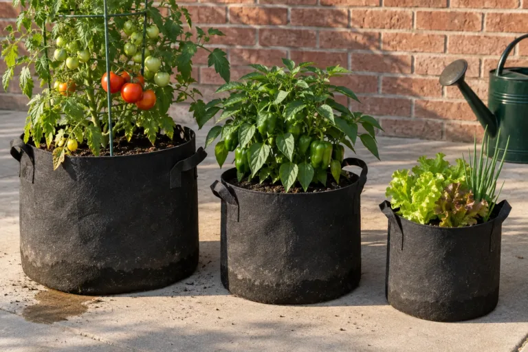 Grow bags for vegetables: tomato, pepper and lettuce in three fabric bags on a patio