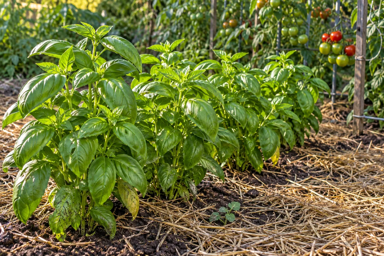 Growing basil in a summer vegetable bed: bushy sweet basil plants with pinched tips beside tomatoes