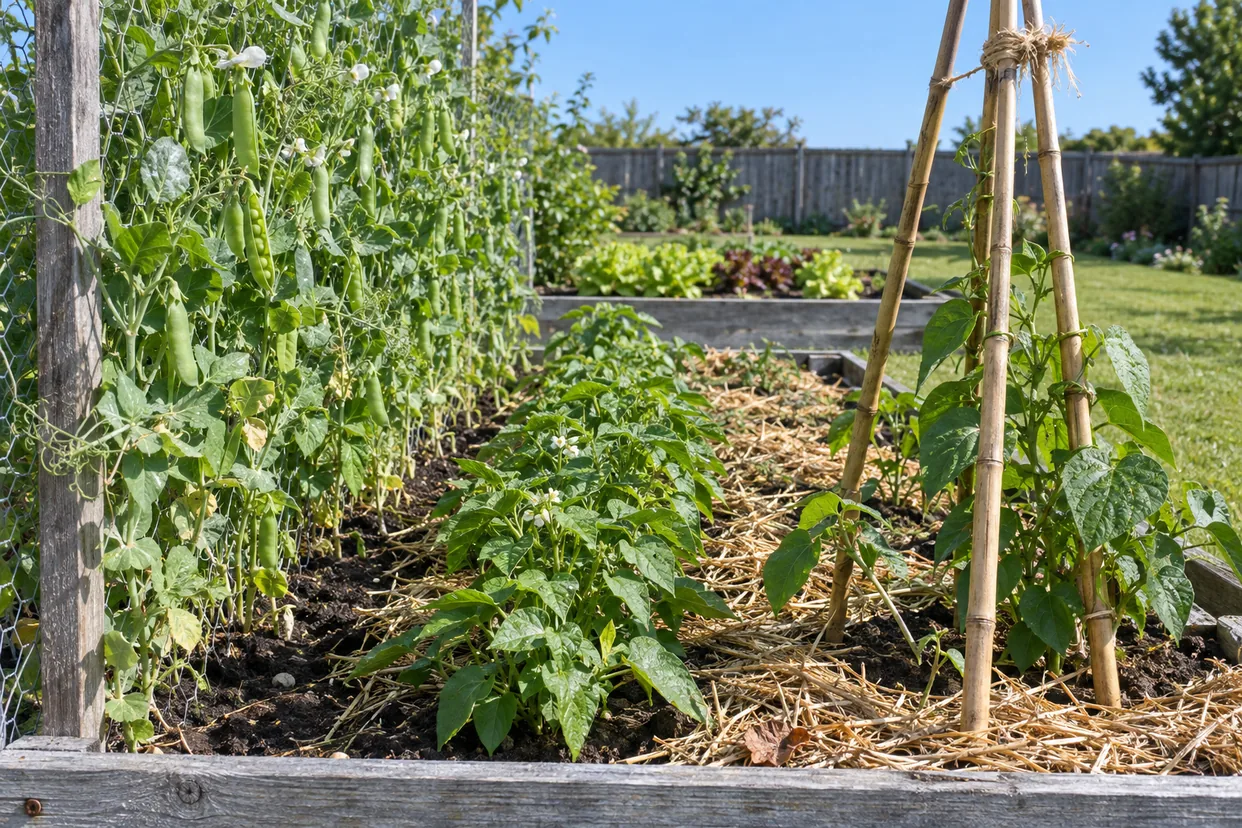 Growing beans and peas in one raised bed: snap peas on a wire trellis, a row of bush beans, and pole beans on a bamboo teepee
