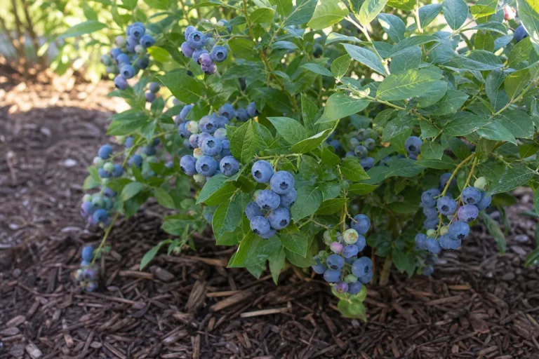 Growing blueberries in a home garden: a blueberry bush heavy with clusters of ripe blue and unripe green berries, mulched with wood chips
