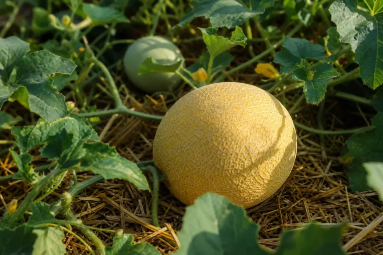Growing cantaloupe in a home garden: a ripe netted melon with a creamy yellow rind resting on straw among green vines