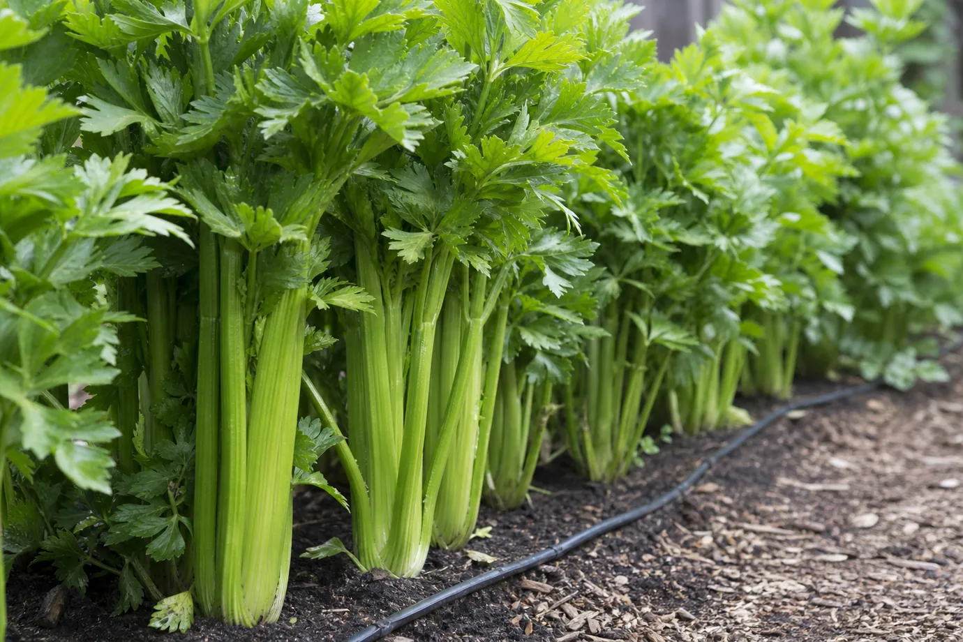 Growing celery in a home garden: a row of tall green stalks in dark moist soil with a drip irrigation line along the row