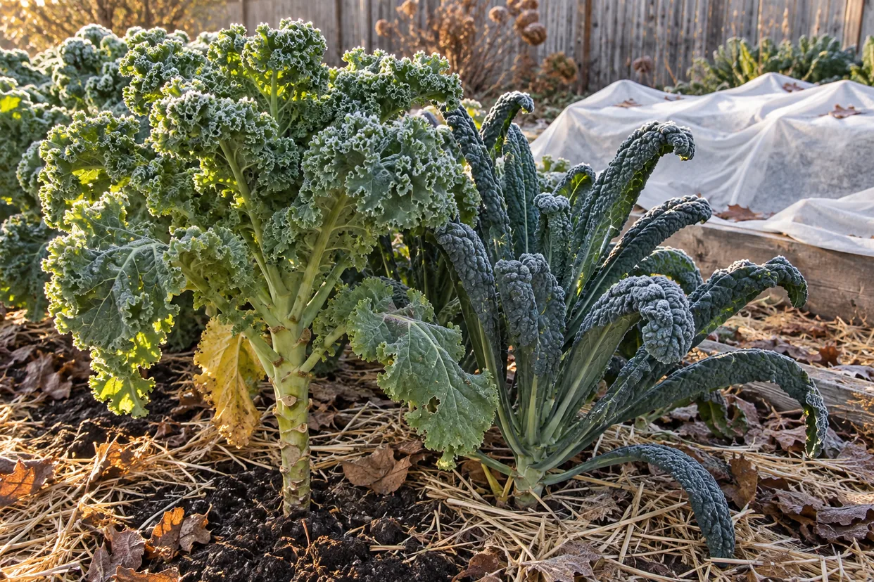 Growing kale in a fall vegetable bed: curly and Tuscan kale plants with frost on the leaves
