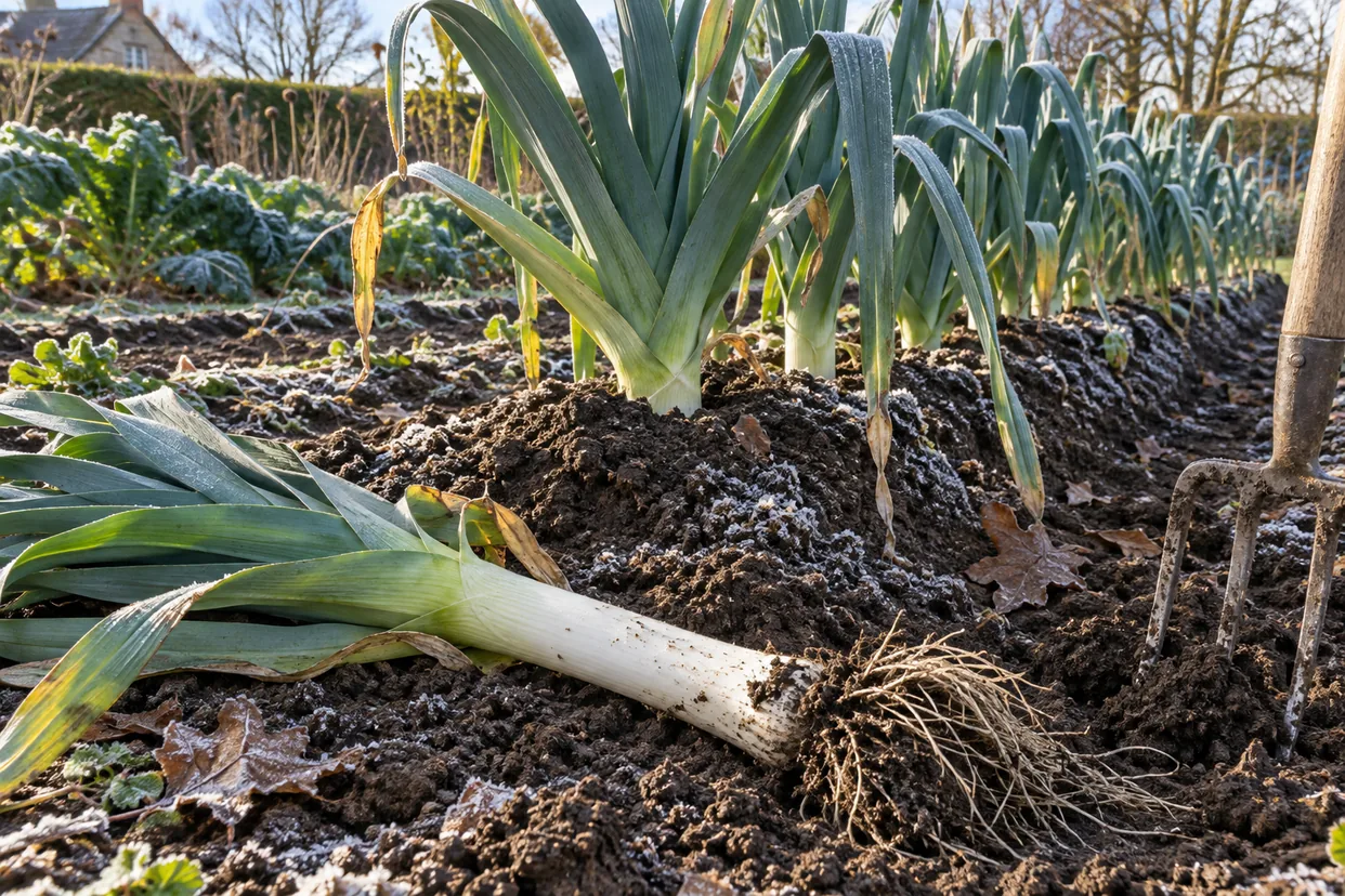 Growing leeks in a winter vegetable bed: a row of tall blue-green leeks hilled with soil, one freshly dug with a long white stem