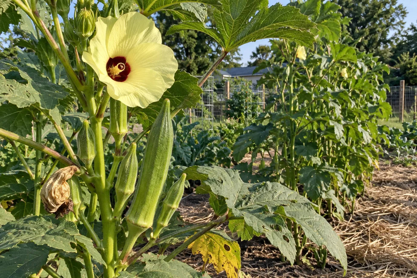 Growing okra in a summer vegetable bed: tall okra plants with a pale yellow flower and young green pods