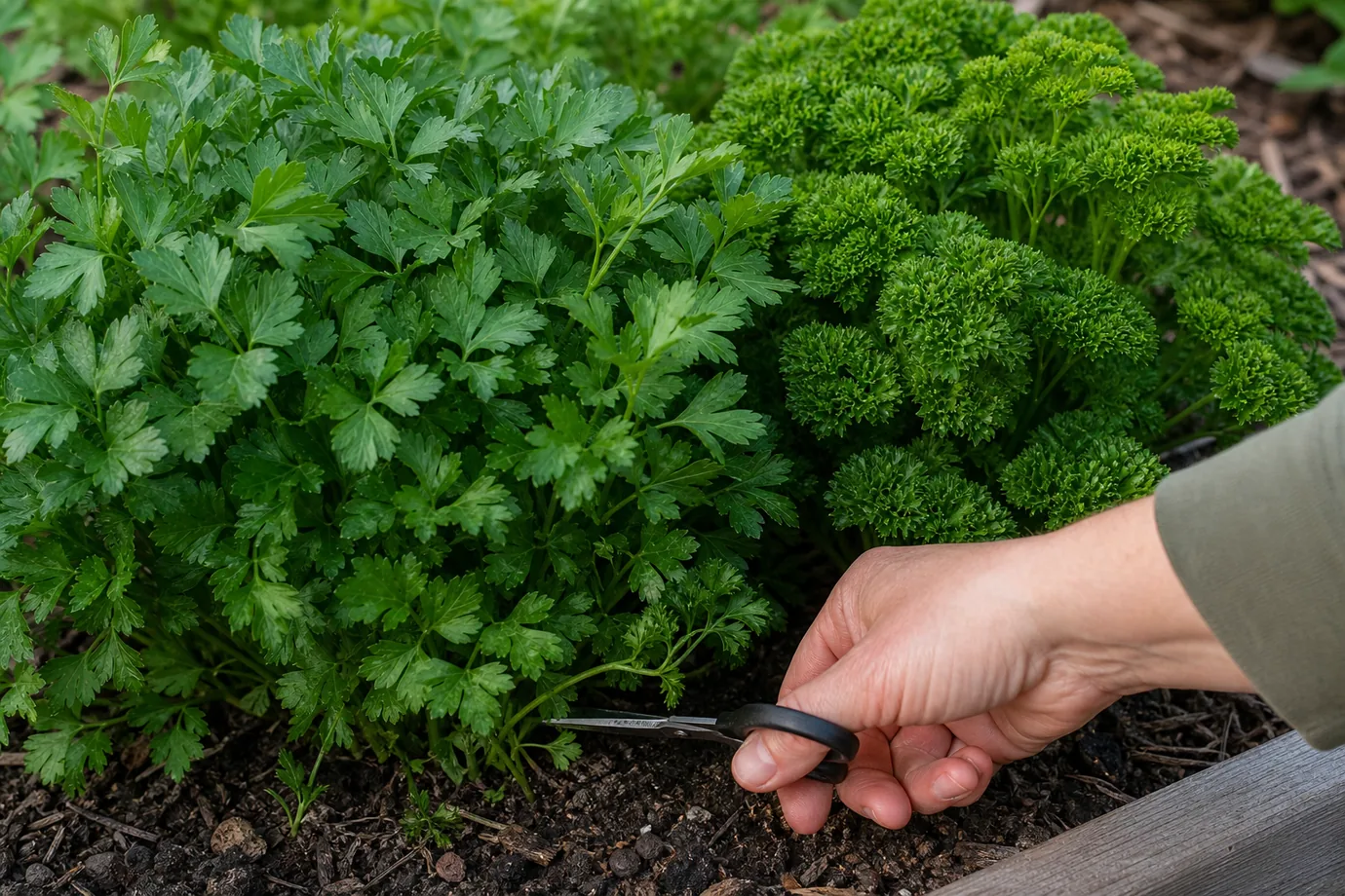 Growing parsley side by side: flat-leaf and curly parsley in a garden bed, with a hand cutting an outer stem near the base