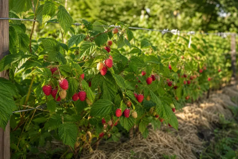 Growing raspberries in a home garden: a row of raspberry canes tied to a wire trellis, with clusters of ripe red berries among green leaves
