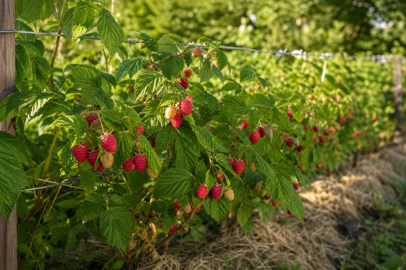 Growing raspberries in a home garden: a row of raspberry canes tied to a wire trellis, with clusters of ripe red berries among green leaves