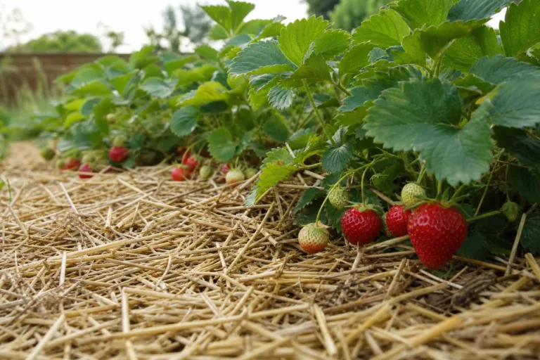 Growing strawberries in a home garden: a row of strawberry plants mulched with straw, with ripe red berries resting on the straw
