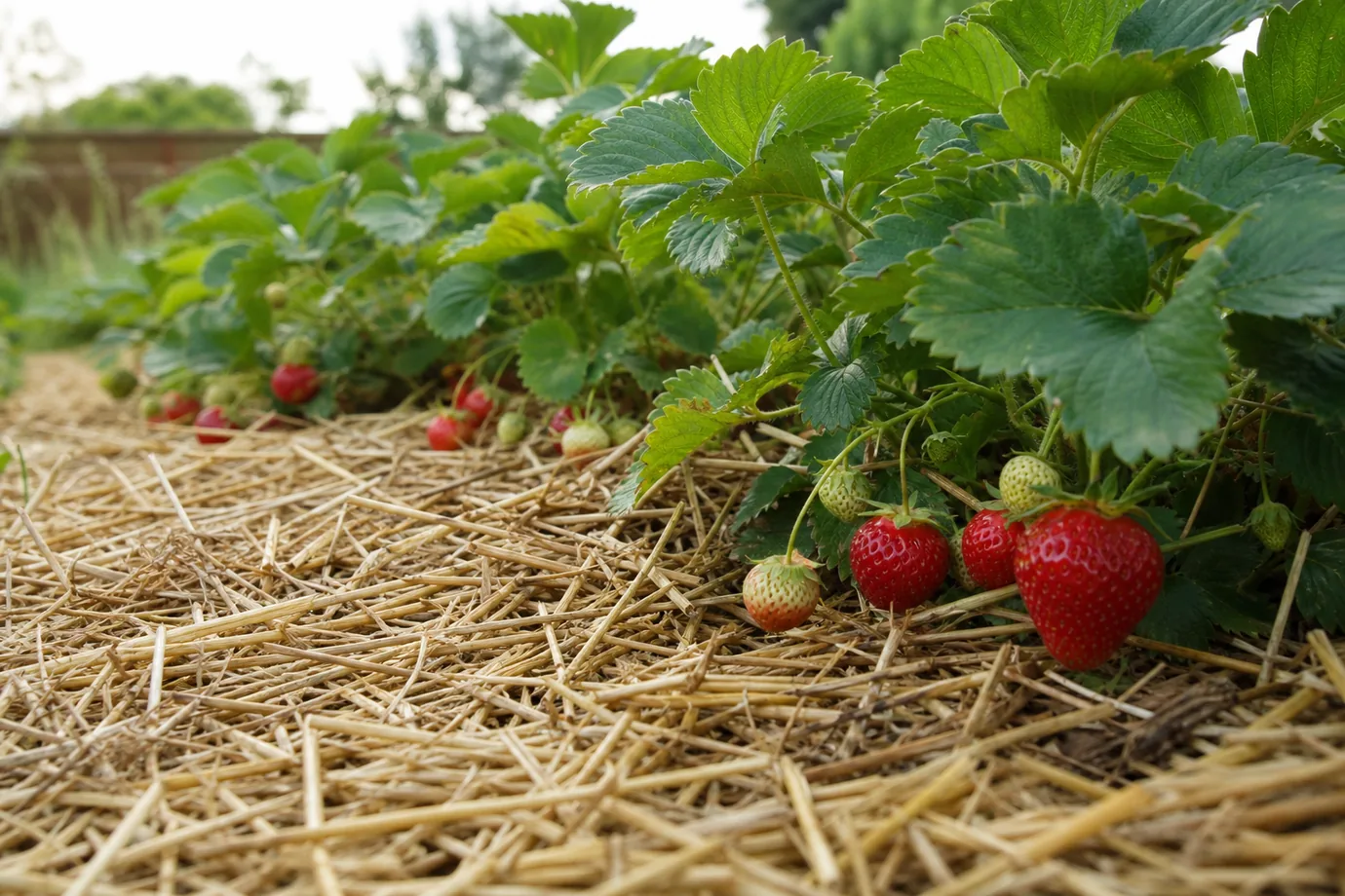 Growing strawberries in a home garden: a row of strawberry plants mulched with straw, with ripe red berries resting on the straw