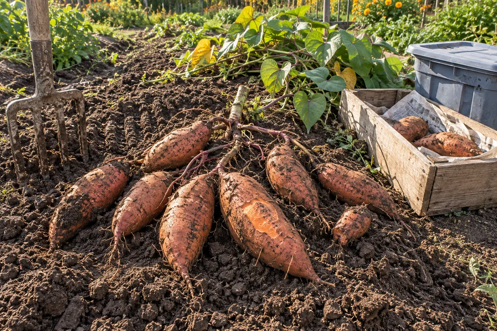 Growing sweet potatoes: freshly dug orange roots on an opened ridge, a garden fork, cut vines and a newspaper-lined crate