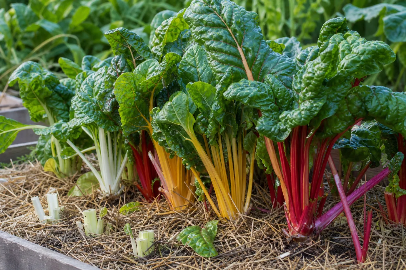 Growing Swiss chard in a raised bed: rainbow chard with red, yellow and white stems in straw mulch, a few outer stalks already cut
