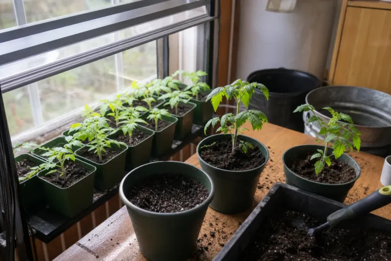 Growing tomatoes from seed indoors: young seedlings in small square pots on a windowsill, a few already potted up into bigger pots