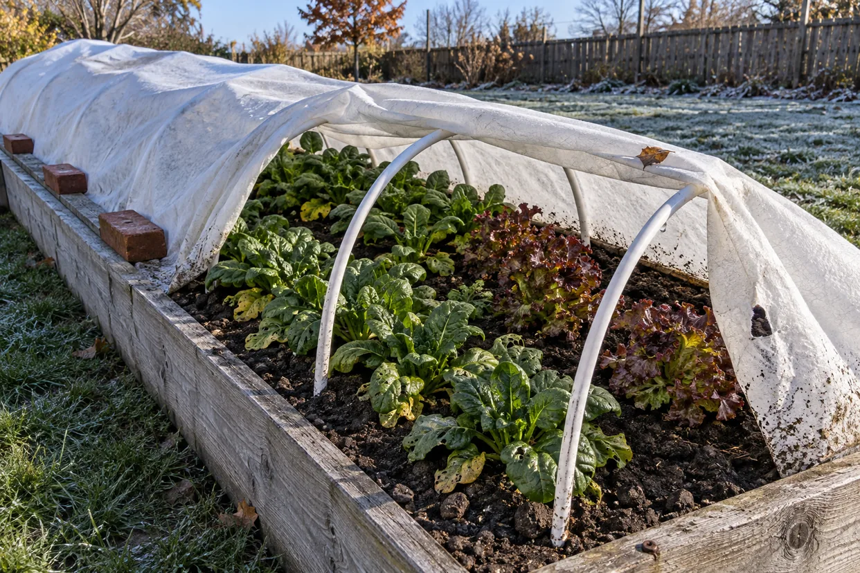 Growing under cover: a fabric low tunnel folded back over a raised bed of spinach and red lettuce, frost on the lawn behind.