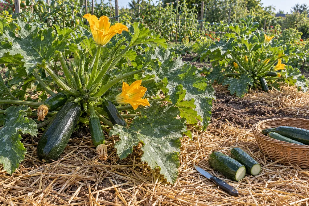 Growing zucchini: two bush plants three feet apart on straw mulch, orange flowers, fruit at the crown, a knife and a basket