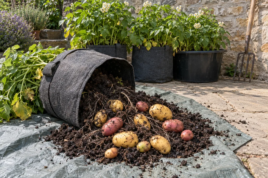 Grow potatoes in containers: a fabric grow bag tipped onto a tarp, spilling potting mix and fresh potatoes.