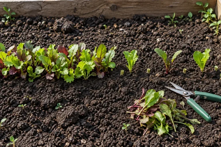 How to thin seedlings: a crowded row of lettuce and beet seedlings next to a thinned row, with snips and cut seedlings.