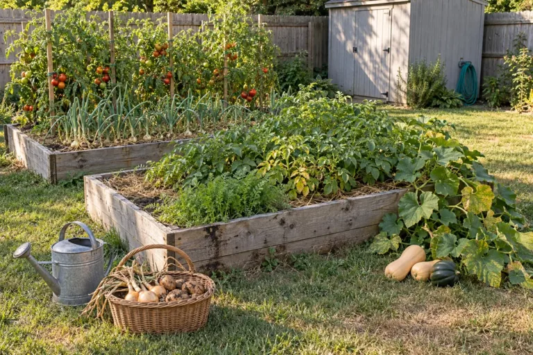 Modern Victory Garden: raised beds of tomatoes, onions, potatoes and winter squash in a sunny backyard.