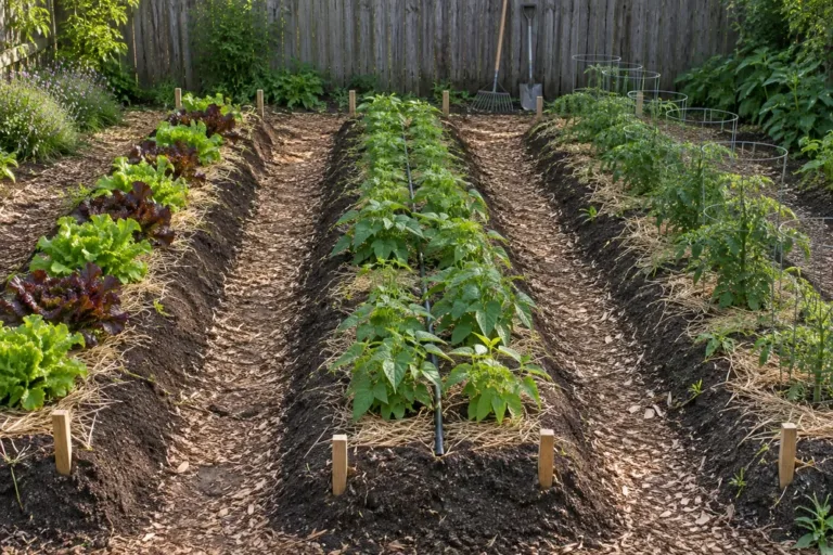 Mounded row gardening: long raised soil rows with flat tops and sloped sides, planted with vegetables and mulched paths.