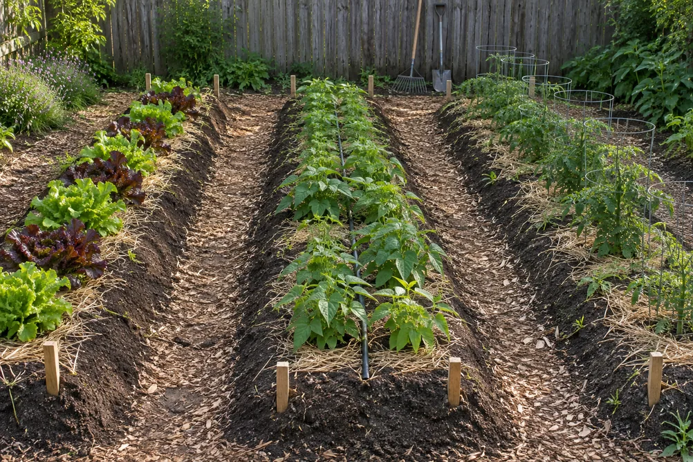 Mounded row gardening: long raised soil rows with flat tops and sloped sides, planted with vegetables and mulched paths.