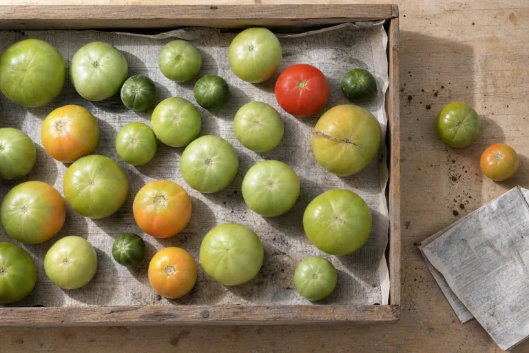 Ripening green tomatoes laid out in a single layer in a wooden crate on newspaper, a few blushing orange and one fully red.