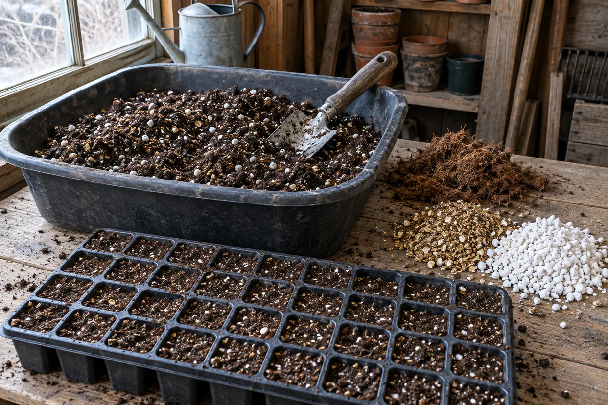 Seed starting mix: a tray of cells filled with moist, fine soilless mix next to a tub of peat, vermiculite and perlite
