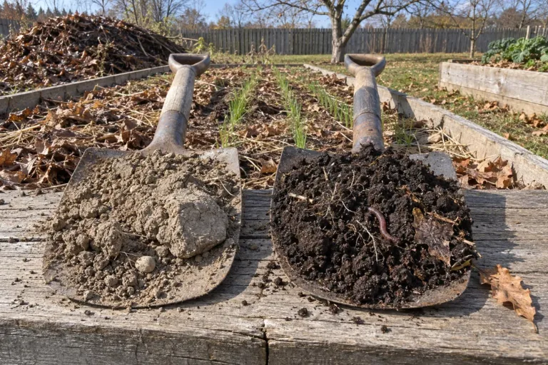 Soil organic matter compared: a spade of pale, cloddy, lifeless earth beside a spade of dark, crumbly soil with an earthworm