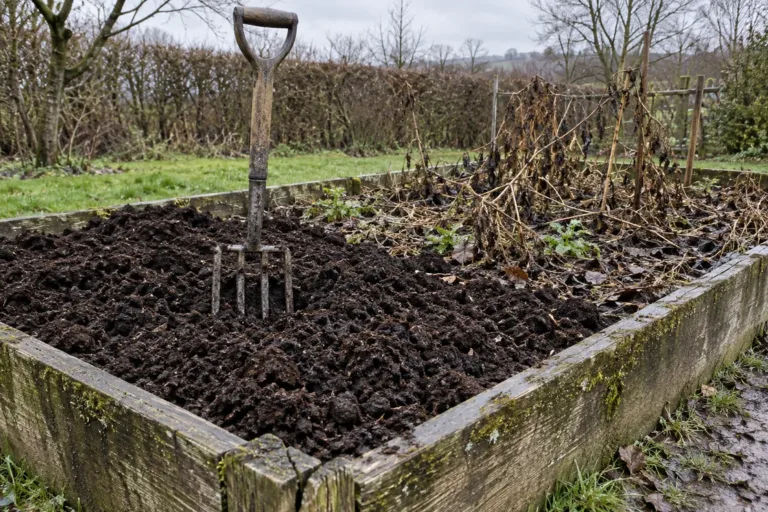 Spring garden preparation checklist in practice: half a raised bed dug with a fork, the other half still holding old stalks.