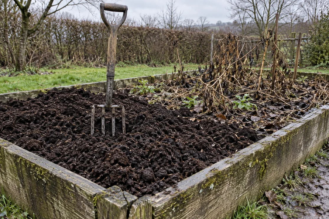 Spring garden preparation checklist in practice: half a raised bed dug with a fork, the other half still holding old stalks.