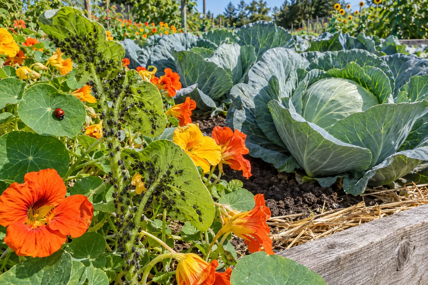 Nasturtium stems covered in black aphids in front of a bed of clean blue-green cabbages, with a ladybird on one leaf.