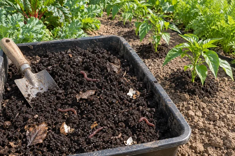 Tray of worm castings with red wigglers and a trowel by young pepper plants, ready for using worm castings in the bed.