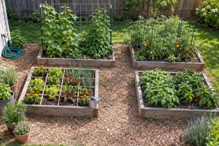 Vegetable garden layout with four raised beds, wood-chip paths, a square foot grid and a bean trellis on the north side.