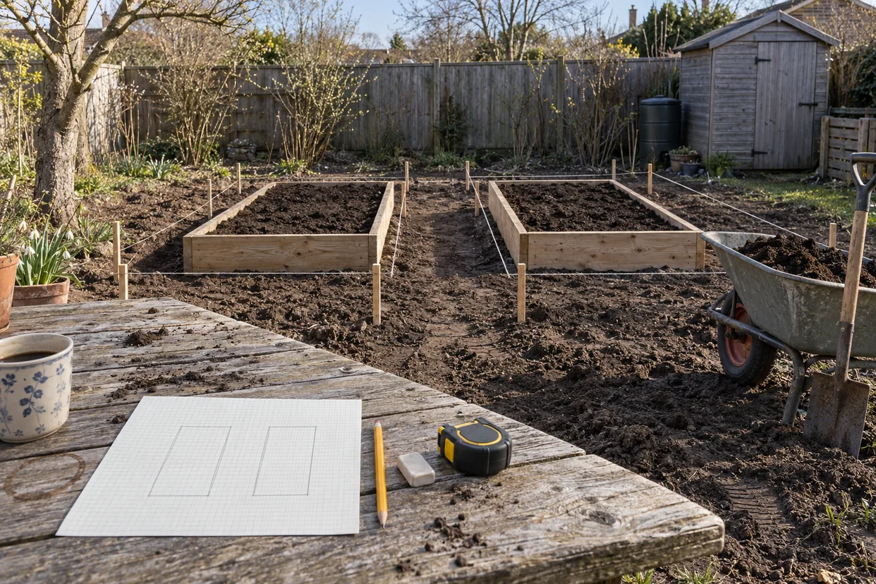 Vegetable garden plan in progress: graph paper, pencil and tape measure on a table beside new raised beds marked with string.
