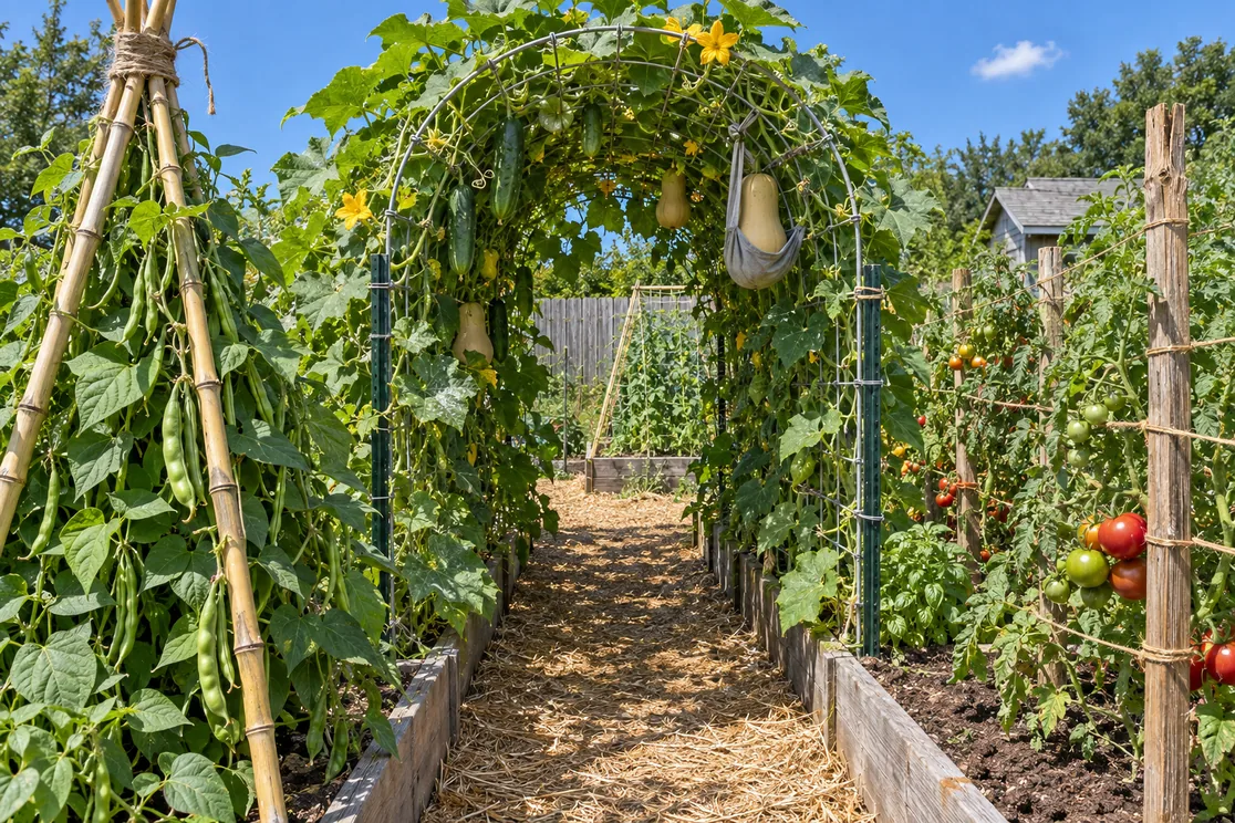 Vegetable trellis designs side by side: a bamboo bean teepee, a cattle panel arch of squash and a Florida weave of tomatoes
