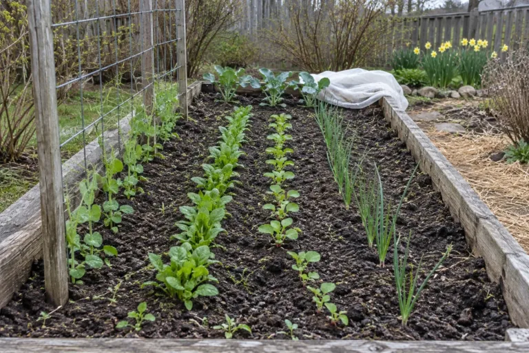 Vegetables to plant in spring: peas on a trellis, spinach, radish and onion rows, broccoli with frost cloth in a raised bed.