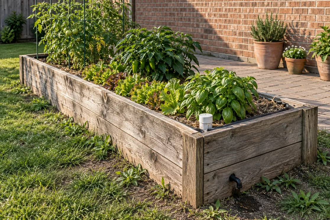 Wicking bed: a wooden raised bed of vegetables with a white fill pipe in one corner
