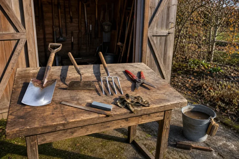 Winterizing garden tools outside the shed: spade, hoe, fork and secateurs laid out with a file, a whetstone and an oily rag.