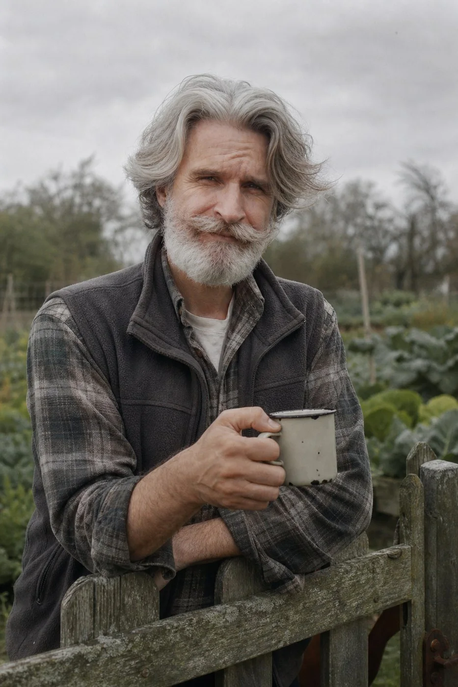 Benjamin Greenfield leaning on a wooden garden gate with an enamel mug, vegetable beds behind him